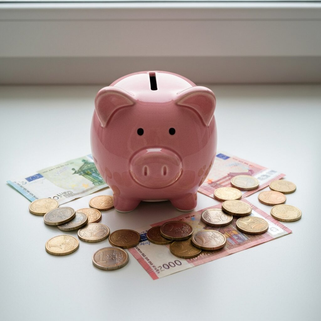 Tirelire et pièces de monnaie sur un bureau lumineux