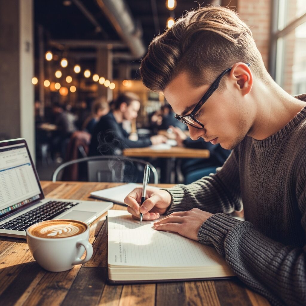 Jeune adulte notant un budget dans un carnet