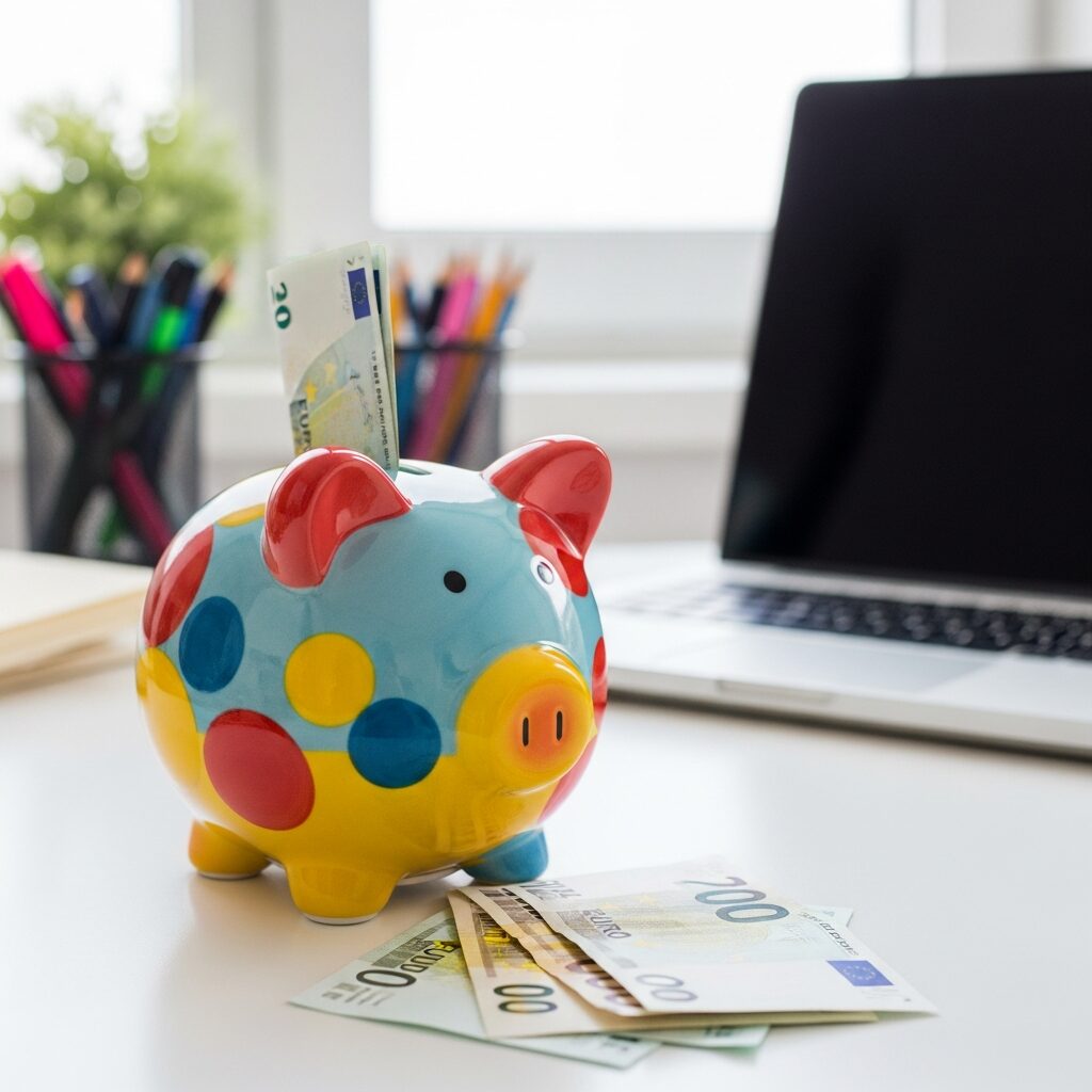 Tirelire colorée et quelques billets d'euro