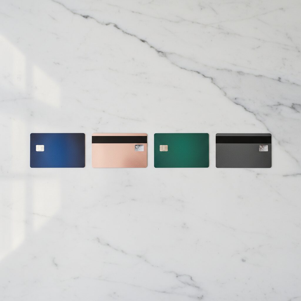 Plusieurs cartes bancaires alignées sur une surface claire