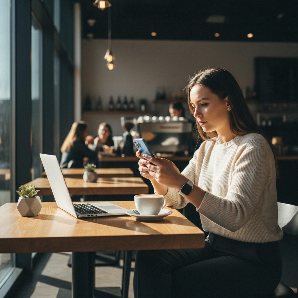 Jeune professionnel consultant son application bancaire dans un café