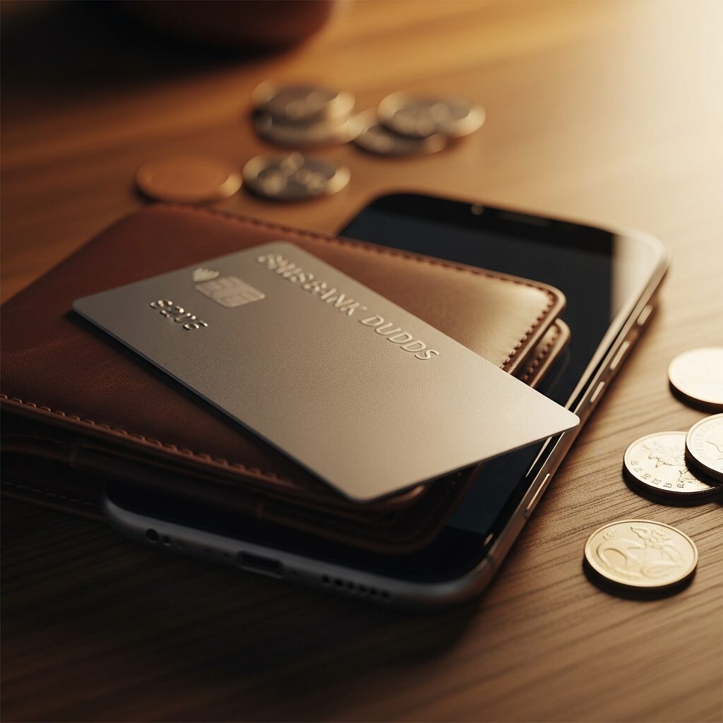 Carte bancaire métallique posée sur un portefeuille en cuir