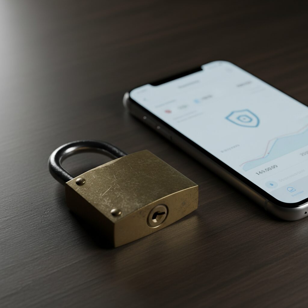 Cadenas posé à côté d'un smartphone affichant une interface bancaire