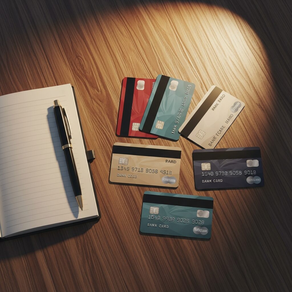 Plusieurs cartes bancaires étalées sur un bureau