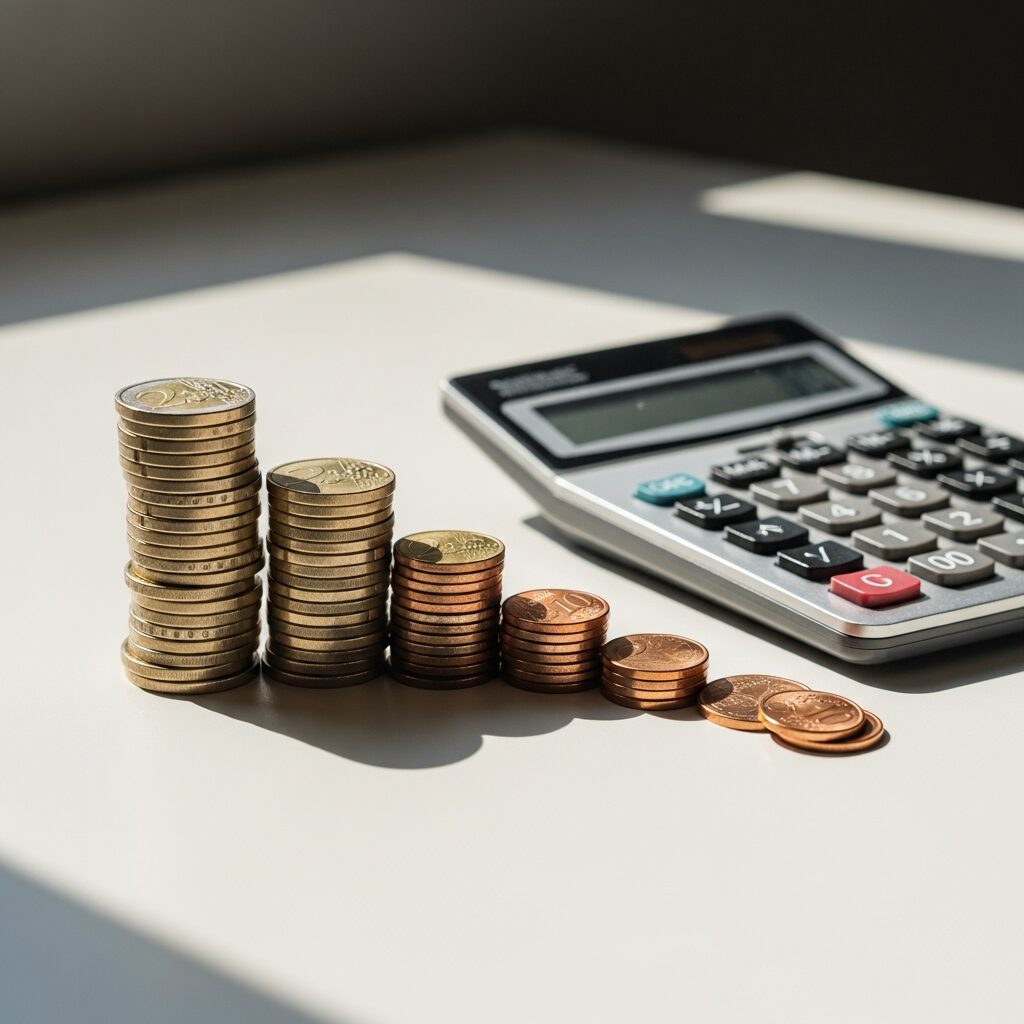 Pièces d'euro empilées à côté d'une calculatrice