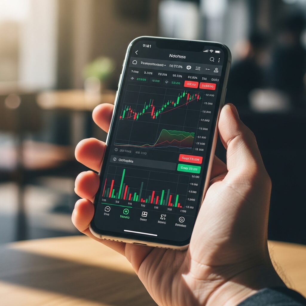 Personne consultant une application de bourse sur smartphone