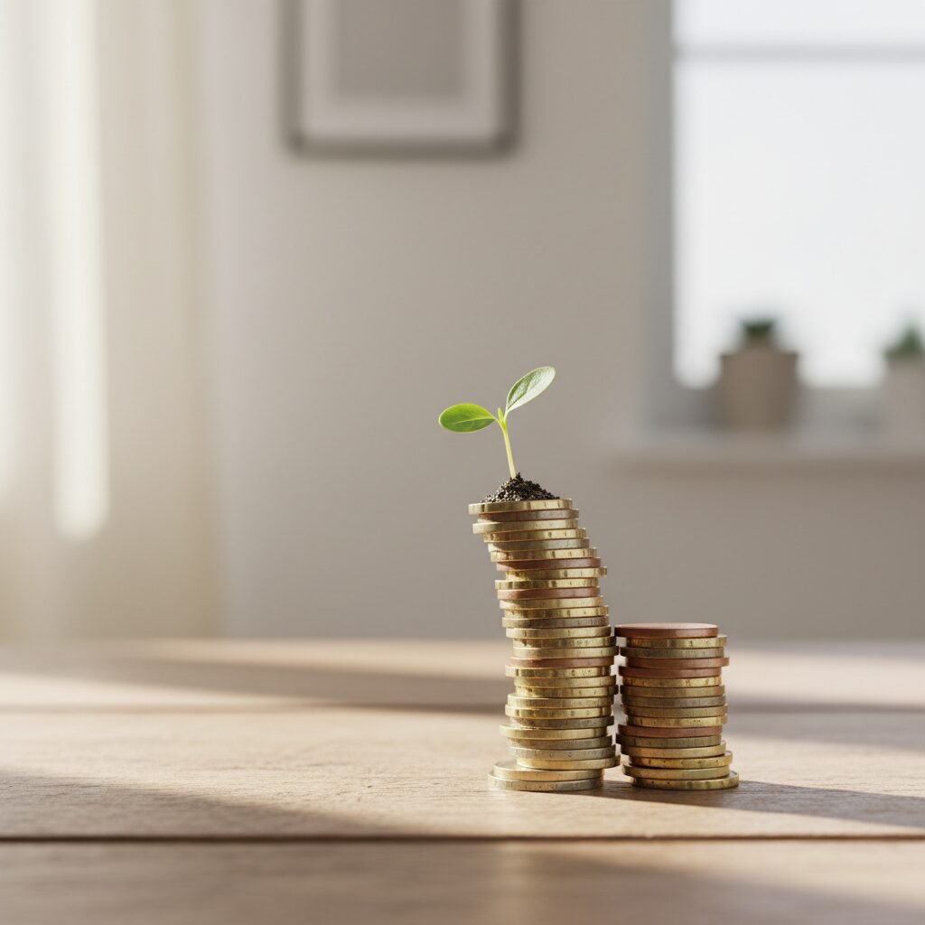 Pile de pièces de monnaie avec une plante verte qui pousse au sommet