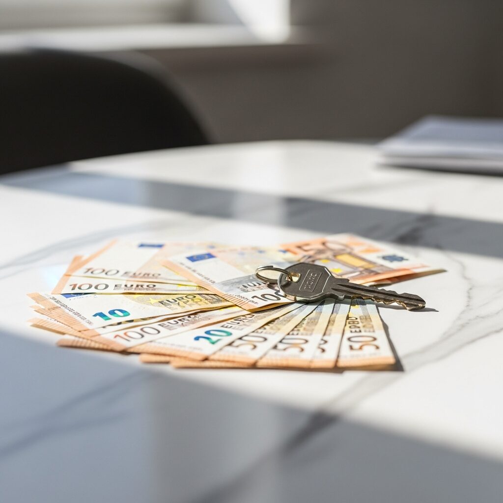 Clé de maison posée sur des billets de banque