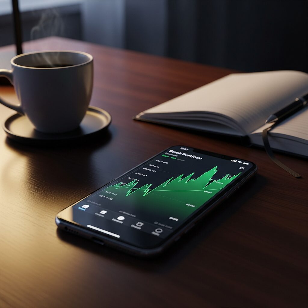 Smartphone affichant un portefeuille boursier avec des courbes vertes
