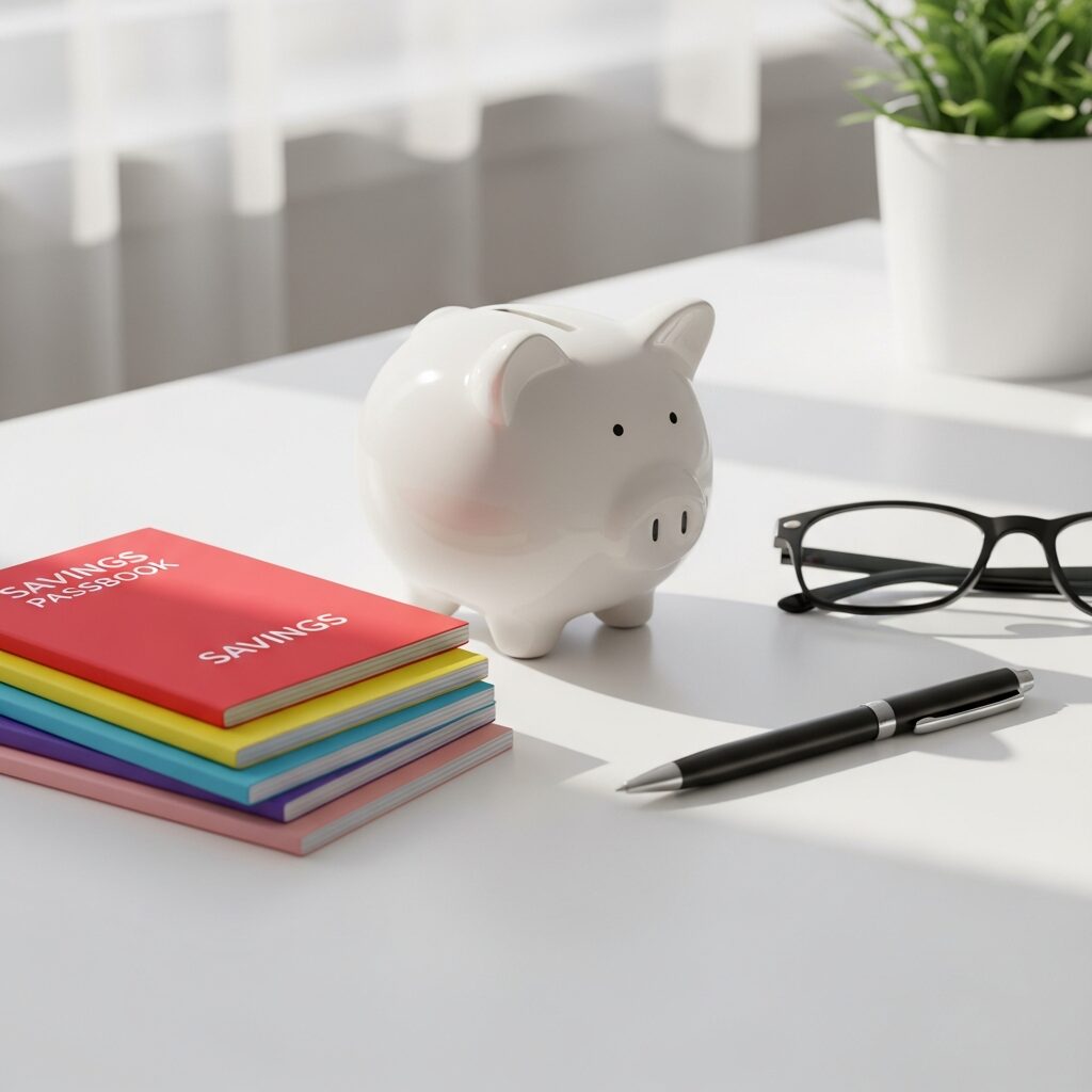 Livrets d'épargne et tirelire sur un bureau organisé