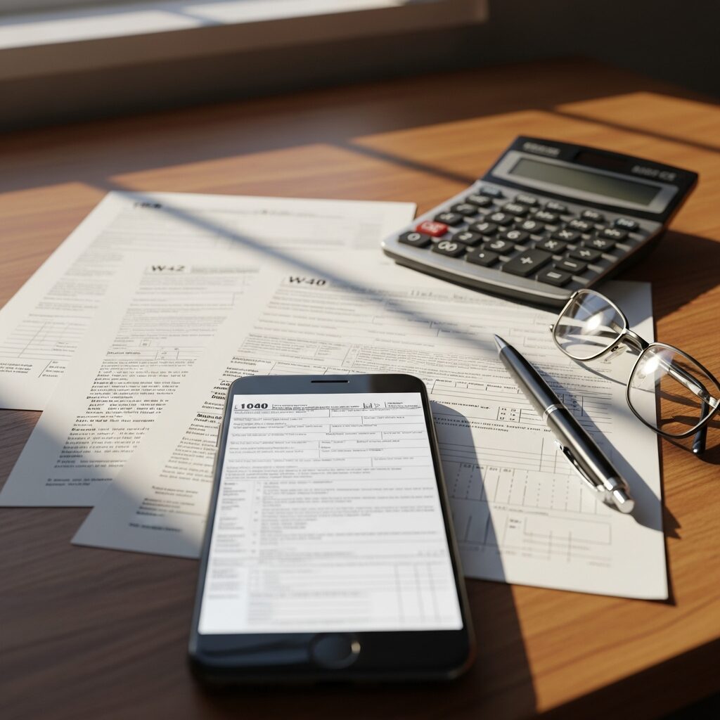 Documents fiscaux et calculatrice sur un bureau