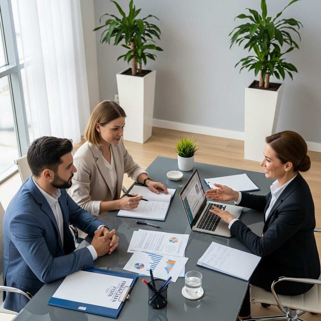 Couple consultant un conseiller en gestion de patrimoine