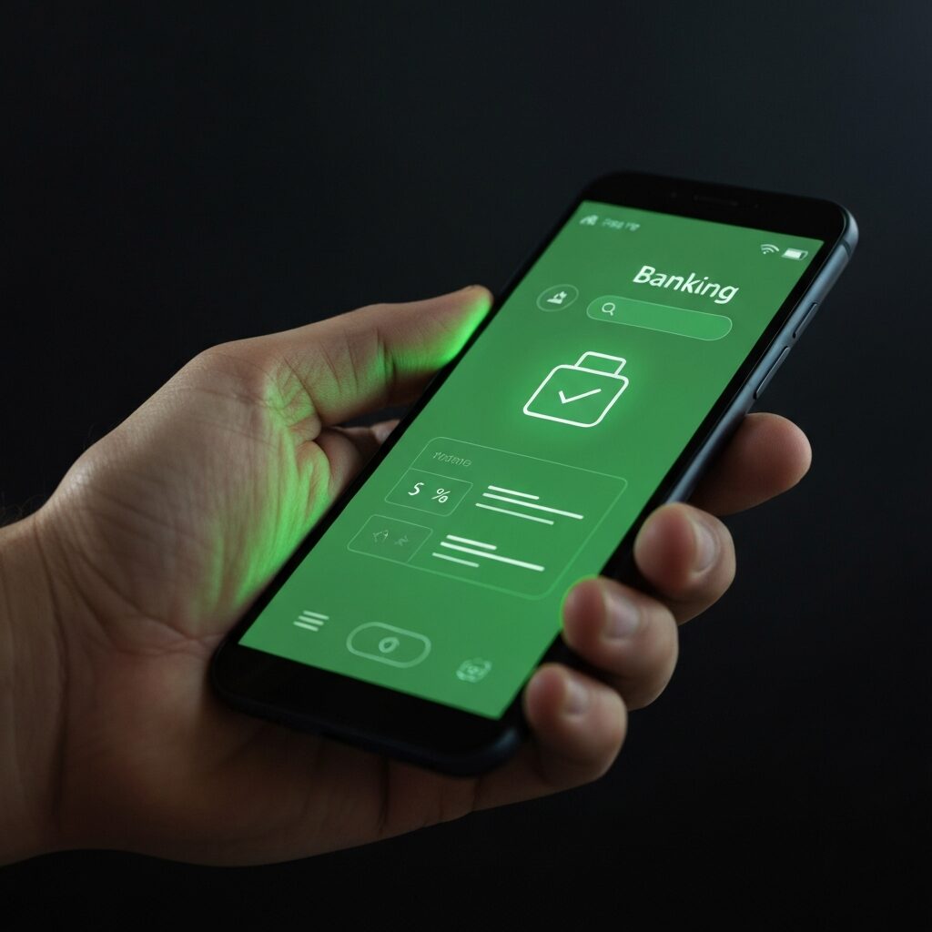 Main tenant un smartphone affichant une application bancaire