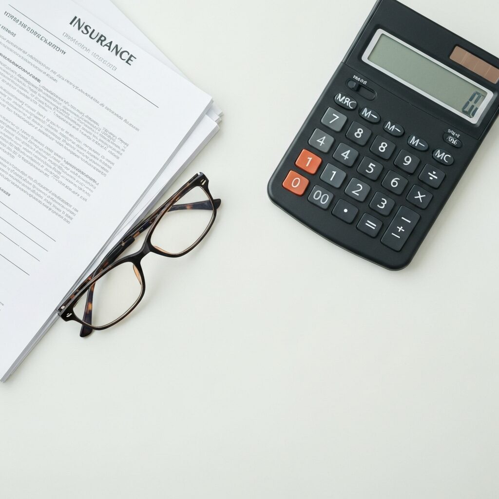 Documents d'assurance emprunteur et calculatrice sur un bureau