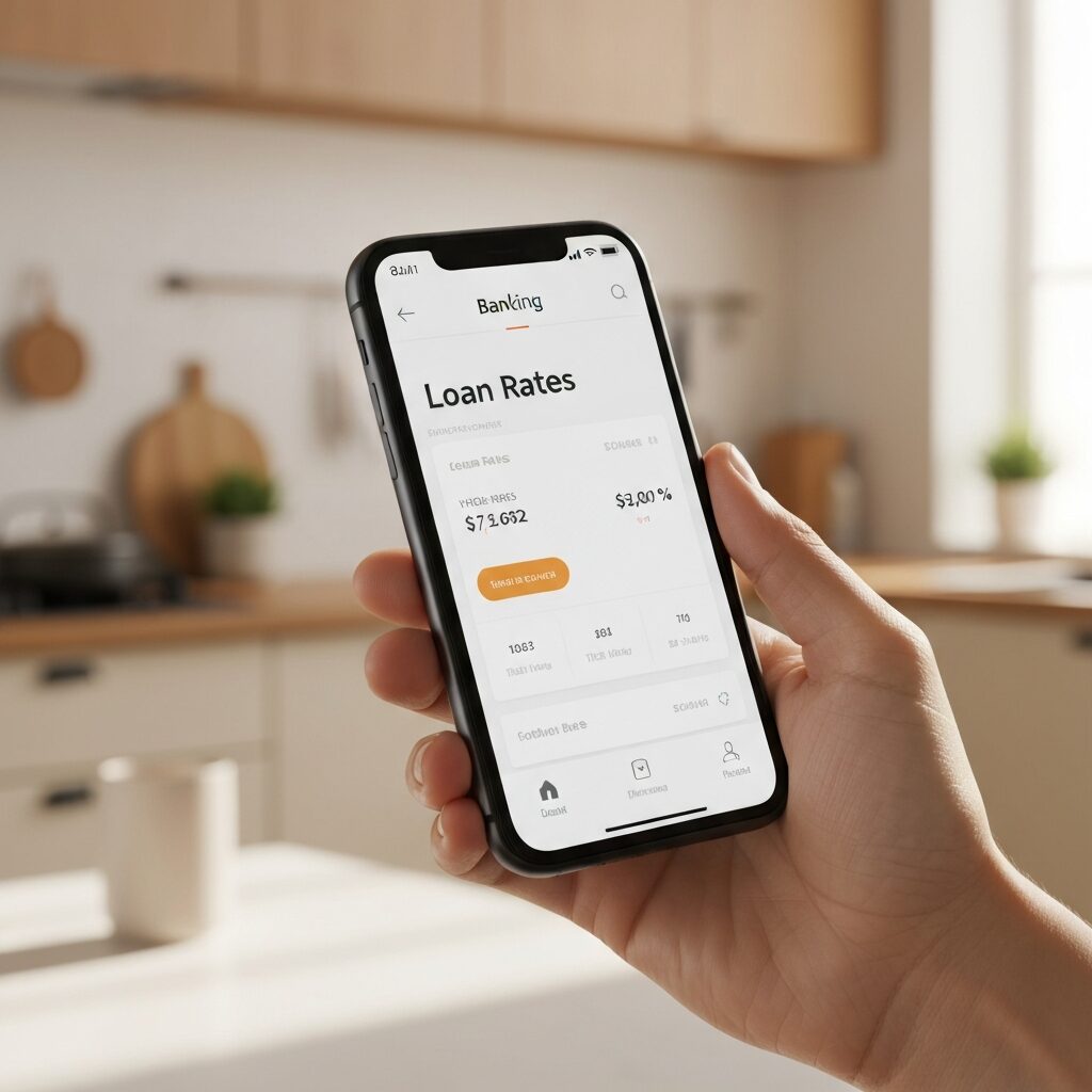 Smartphone affichant une application bancaire avec des offres de prêt