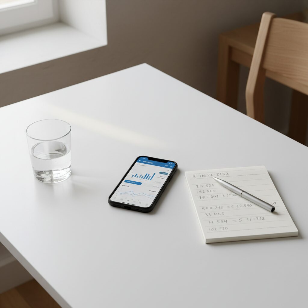 Smartphone affichant une application bancaire avec versement programmé sur un bureau épuré