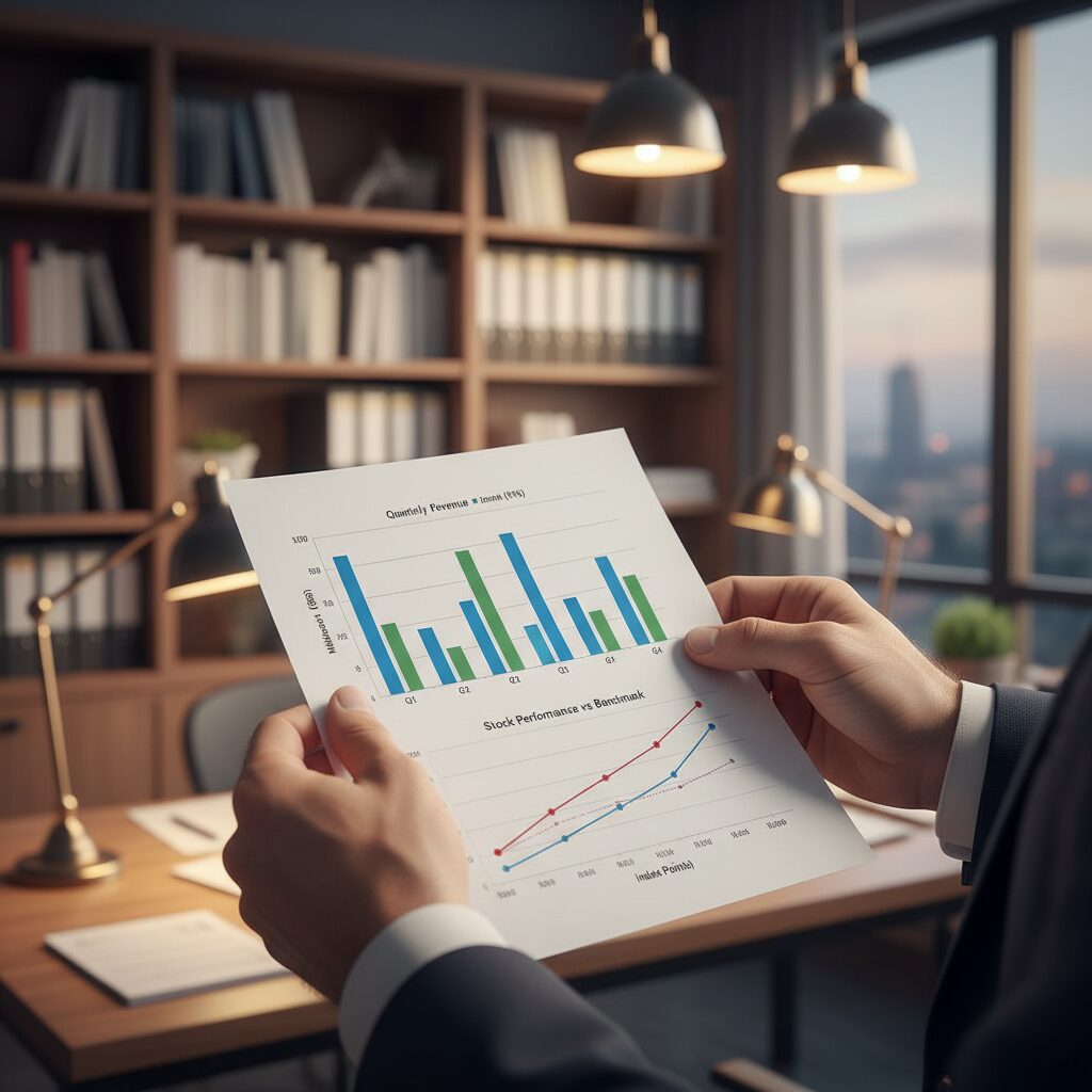 Mains tenant un rapport financier avec graphiques de performance d'investissement