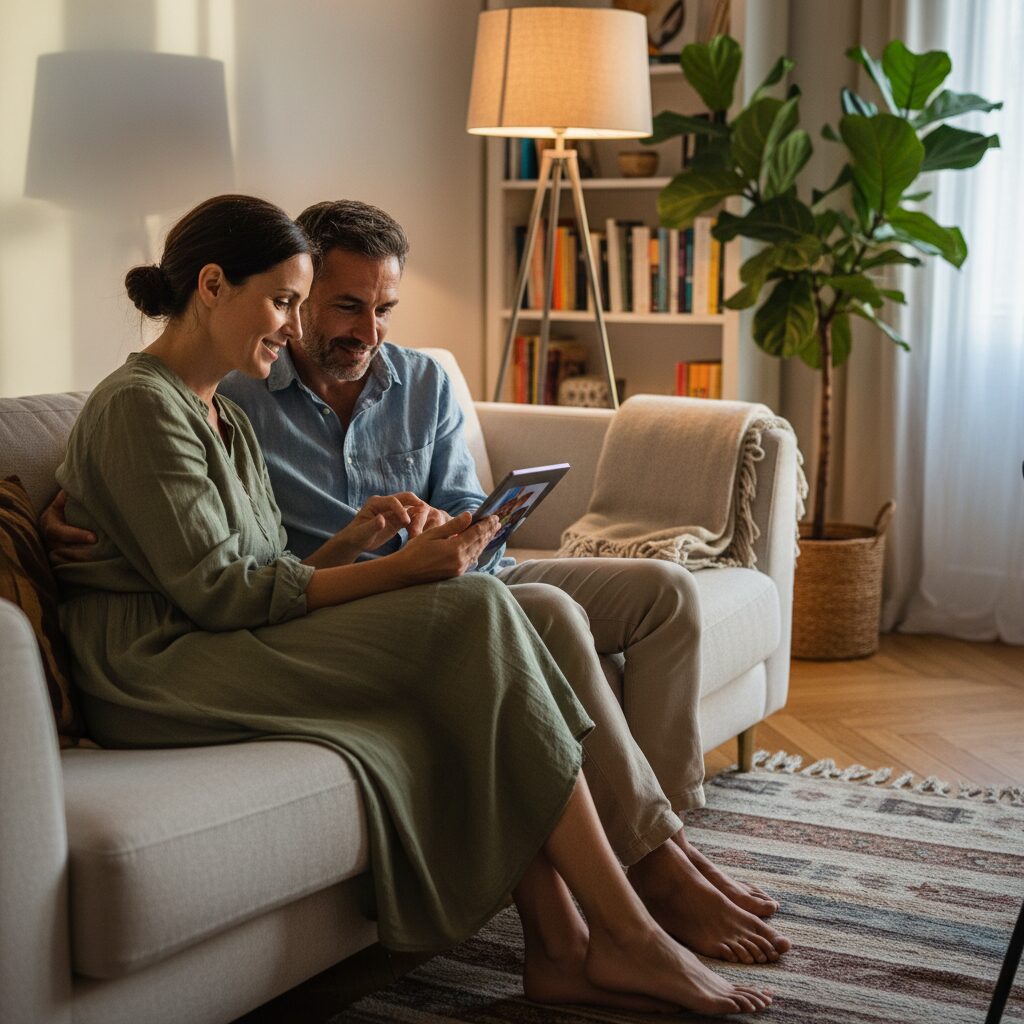Couple consultant ensemble un plan d'investissement programmé sur tablette dans leur salon