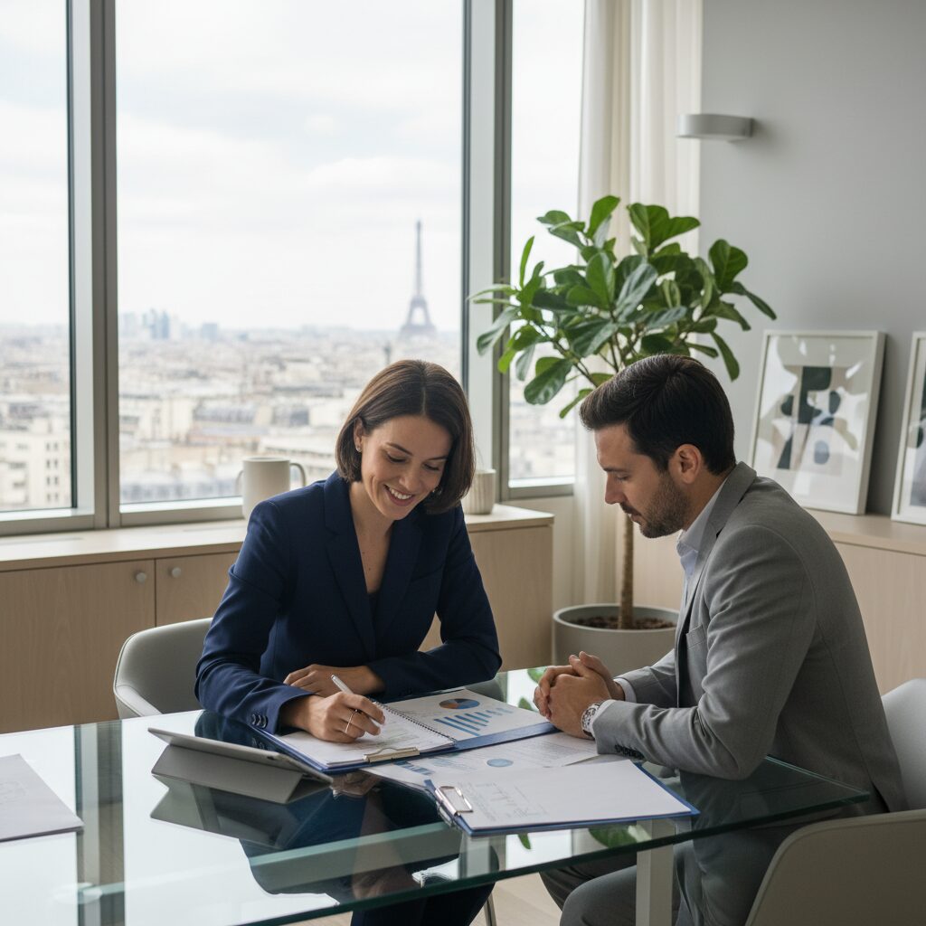 Conseiller en gestion de patrimoine présentant une stratégie d'allocation à un client dans un bureau moderne