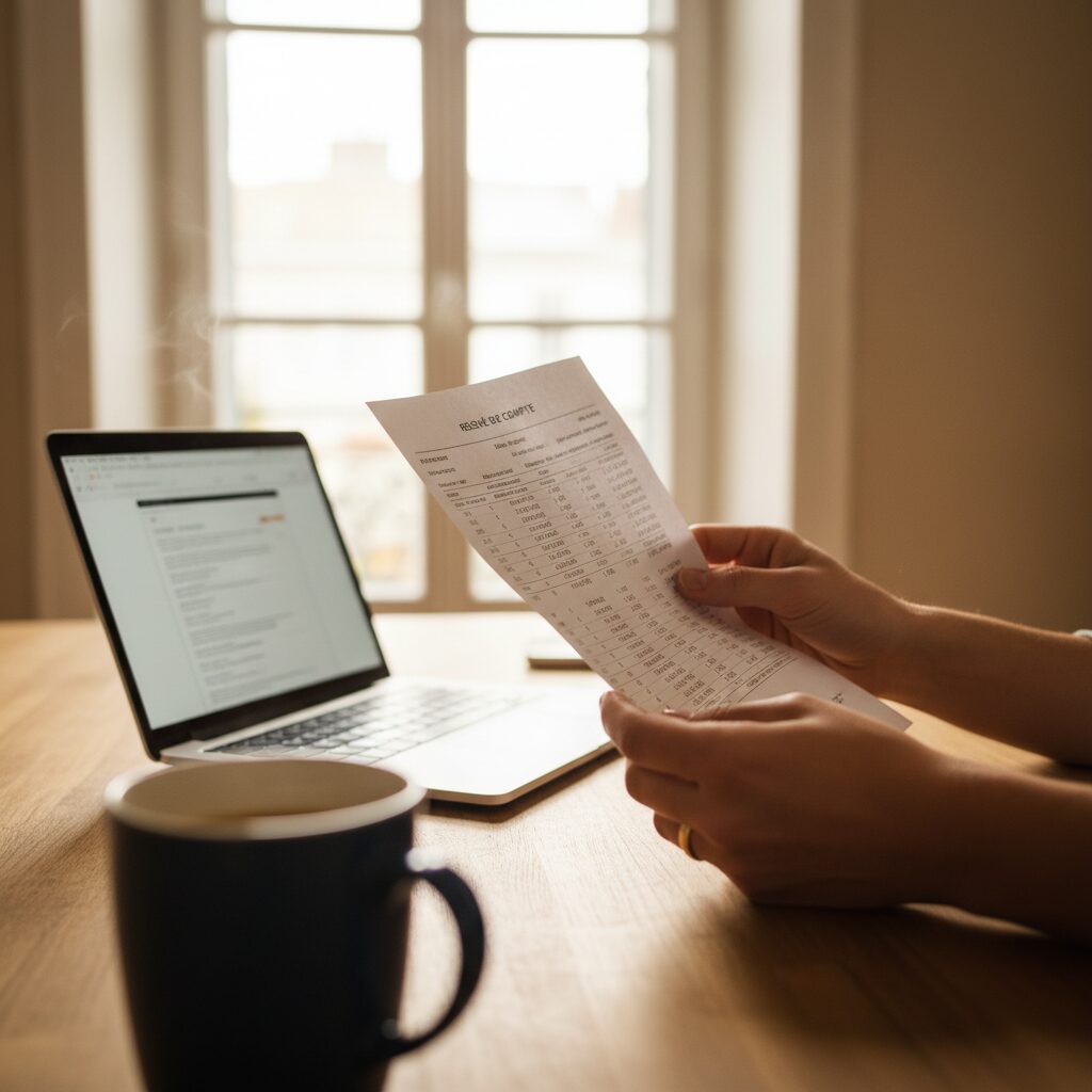 Épargnant consultant le relevé de rendement de son contrat d'assurance vie à domicile
