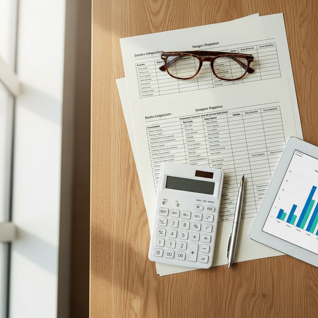 Comparatif de rendements de fonds en euros posé sur un bureau avec calculatrice et tablette