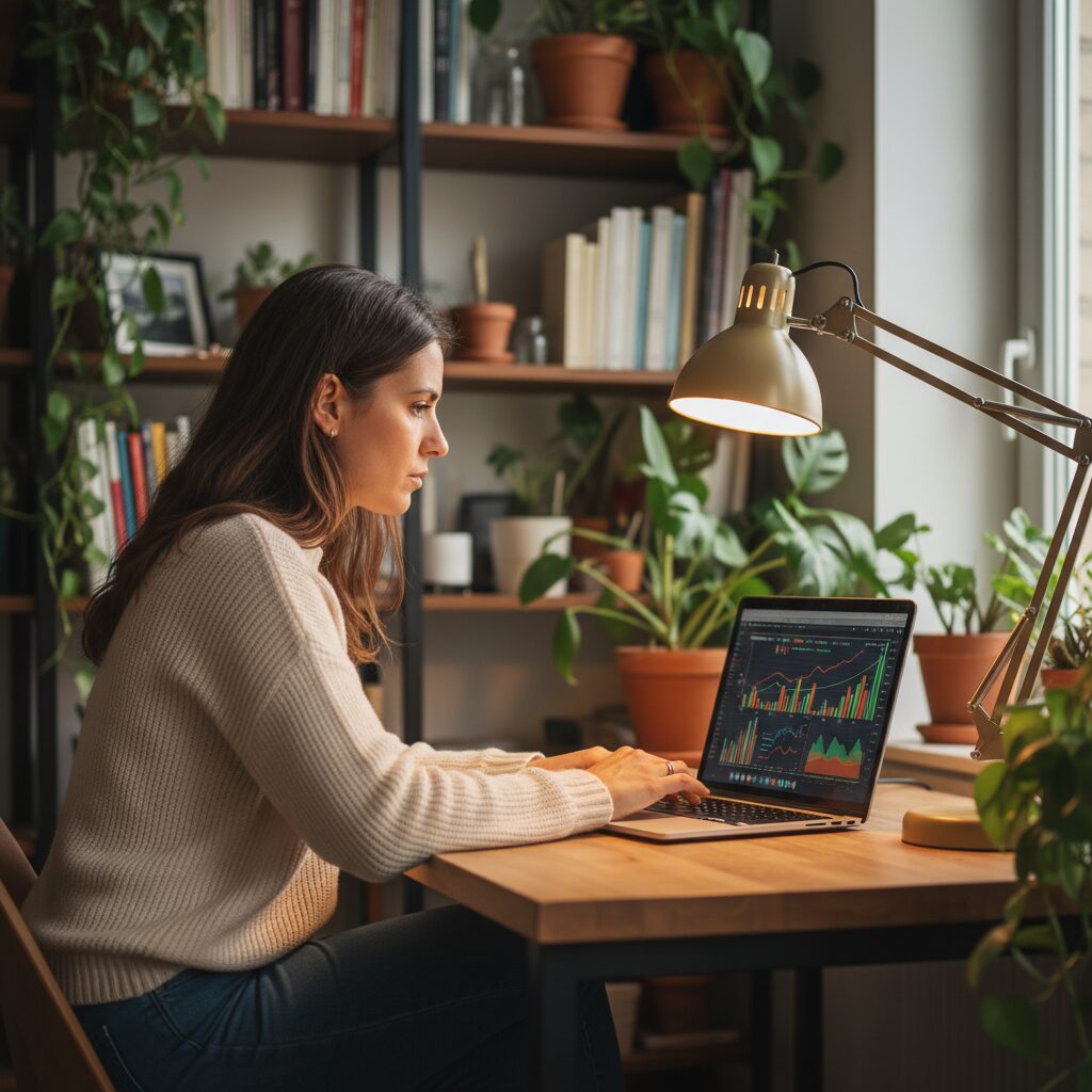 Jeune épargnante comparant les rendements de placements financiers sur son ordinateur portable