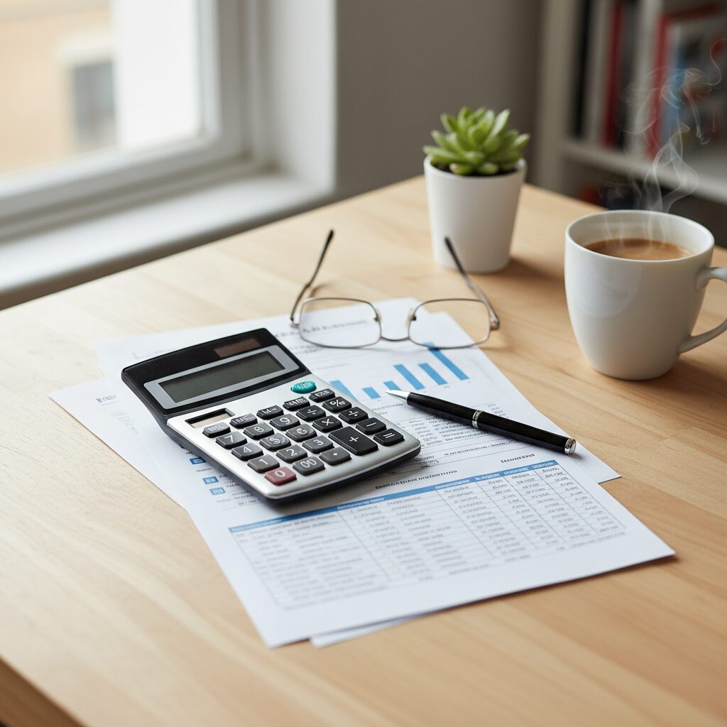 Bureau d'un conseiller financier avec documents comparatifs sur les taux d'épargne réglementée