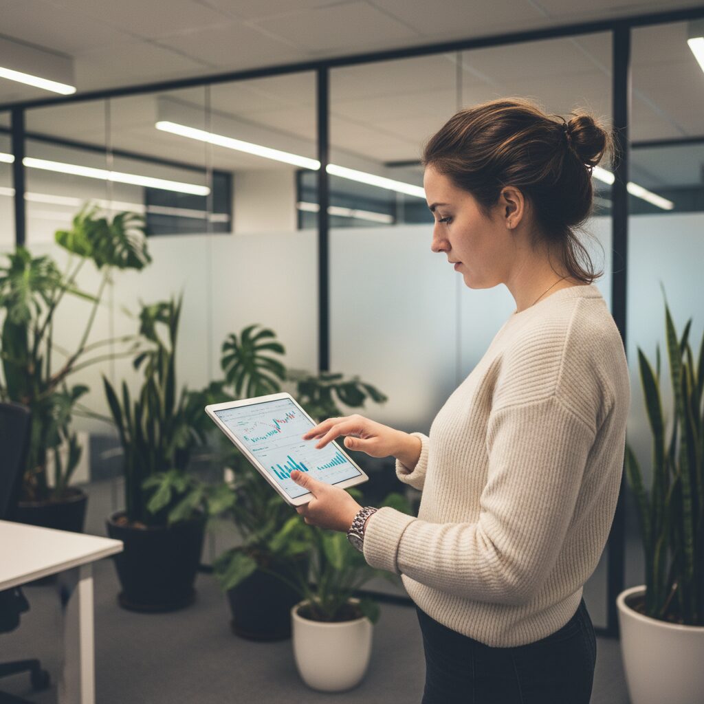 Jeune femme consultant les options fiscales de son plan épargne logement sur tablette