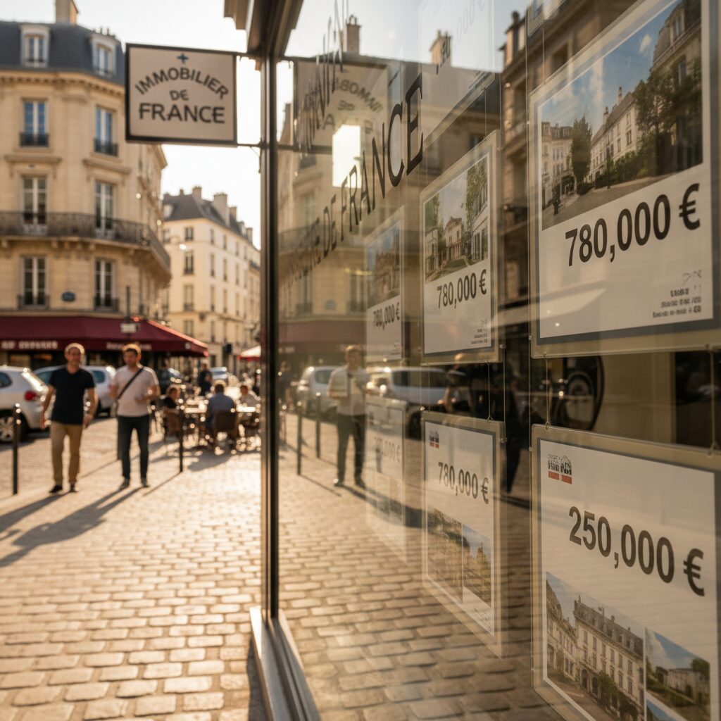 Vitrine d'agence immobilière française avec annonces de biens, illustrant le lien entre PEL et projet immobilier
