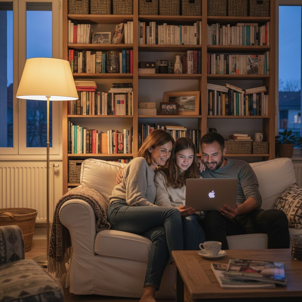 Famille française planifiant sa stratégie d'épargne et son projet immobilier à domicile
