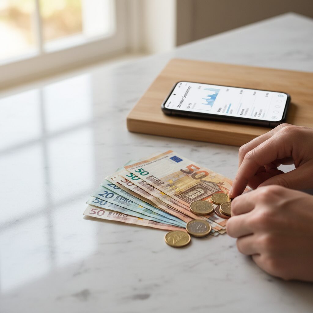 Mains comptant des euros avec application bancaire en arrière-plan, illustrant la gestion quotidienne de l'épargne