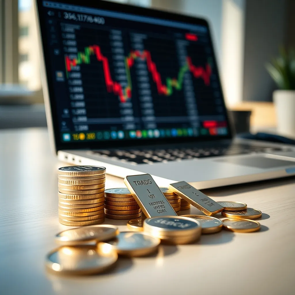 Pièces et lingotins d'argent à côté d'un écran affichant les cours de bourse