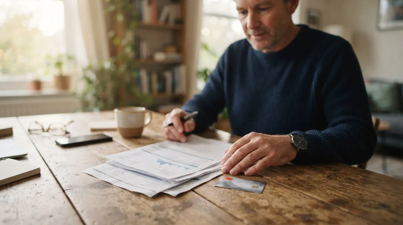 Relevé de frais bancaires et carte de paiement posés sur un bureau